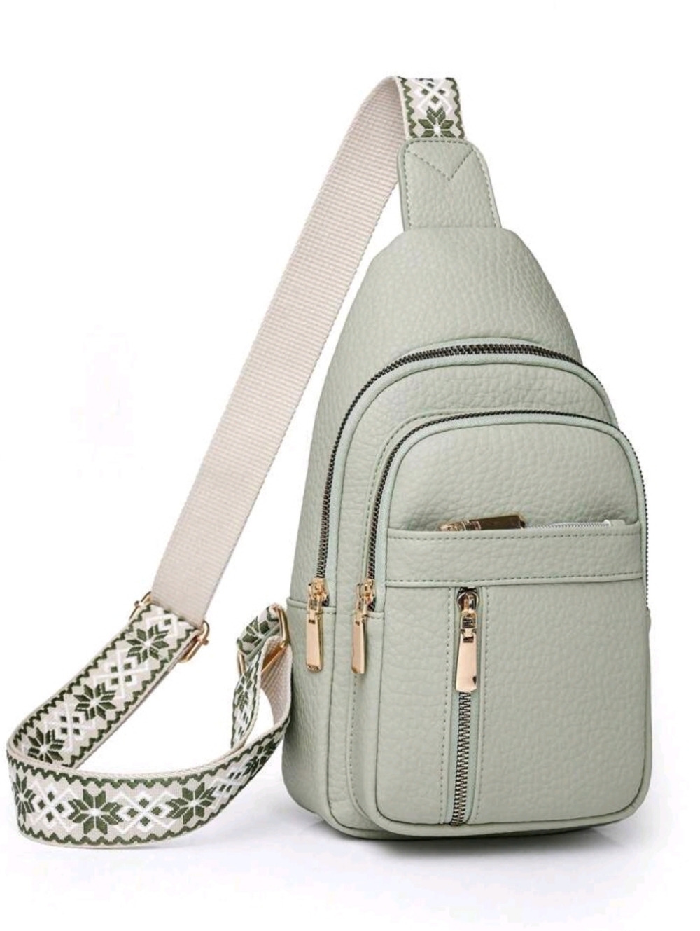 Sling Crossbody Bag in Sage Green with Patterned Strap - Picture 3 of 4